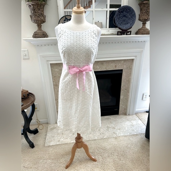 Sheri Martin White Lace Dress with Pink Ribbon Tie Waist - Picture 1 of 8
